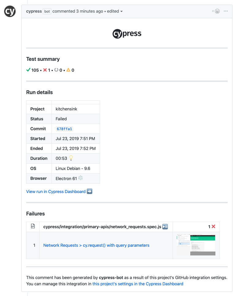 Cypress GitHub App PR comment